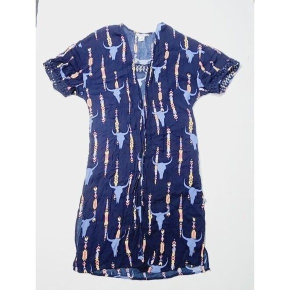 Ariat Sweaters - Ariat Longhorns Duster Cardigan Womens Large Blue Short Sleeve Aztec Western S
